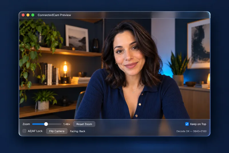 The ConnectedCam Preview window on a Mac, showing the iPhone's live 3840 by 2160 picture with zoom, AE/AF Lock and Flip Camera controls