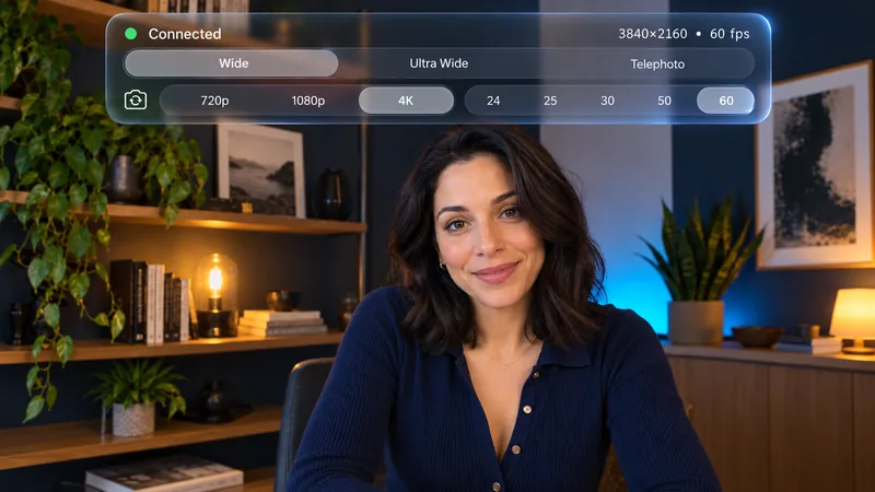 ConnectedCam on iPhone in landscape: rear Wide lens selected, 4K at 60 fps, with Ultra Wide and Telephoto one tap away
