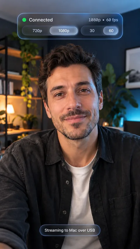 ConnectedCam on iPhone in portrait: connected at 1080p and 60 fps, streaming to the Mac over USB